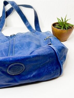 ROOTS Blue Leather Tote Bag by (Women Bags)